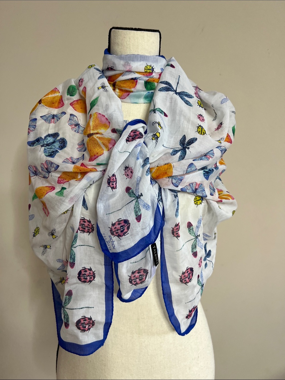 🦋🐝🐞🦟Talbots White Scarf with Blue Trim and Pink Insect Motifs